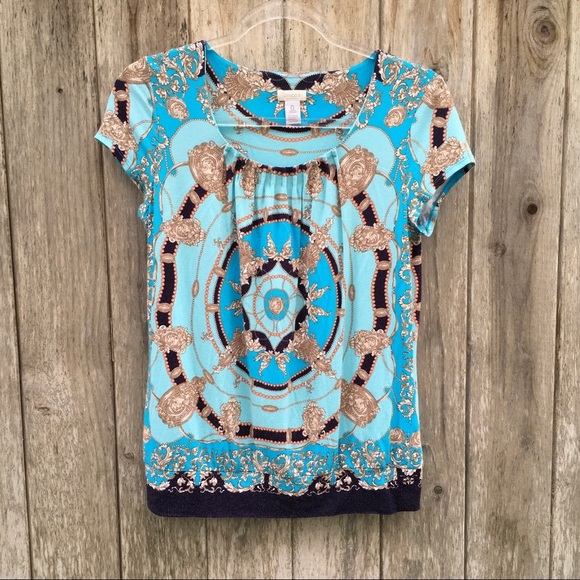 Chico's Blue and Gold Scarf Print Short Sleeve Top Blouse Size 0 - Picture 1 of 8